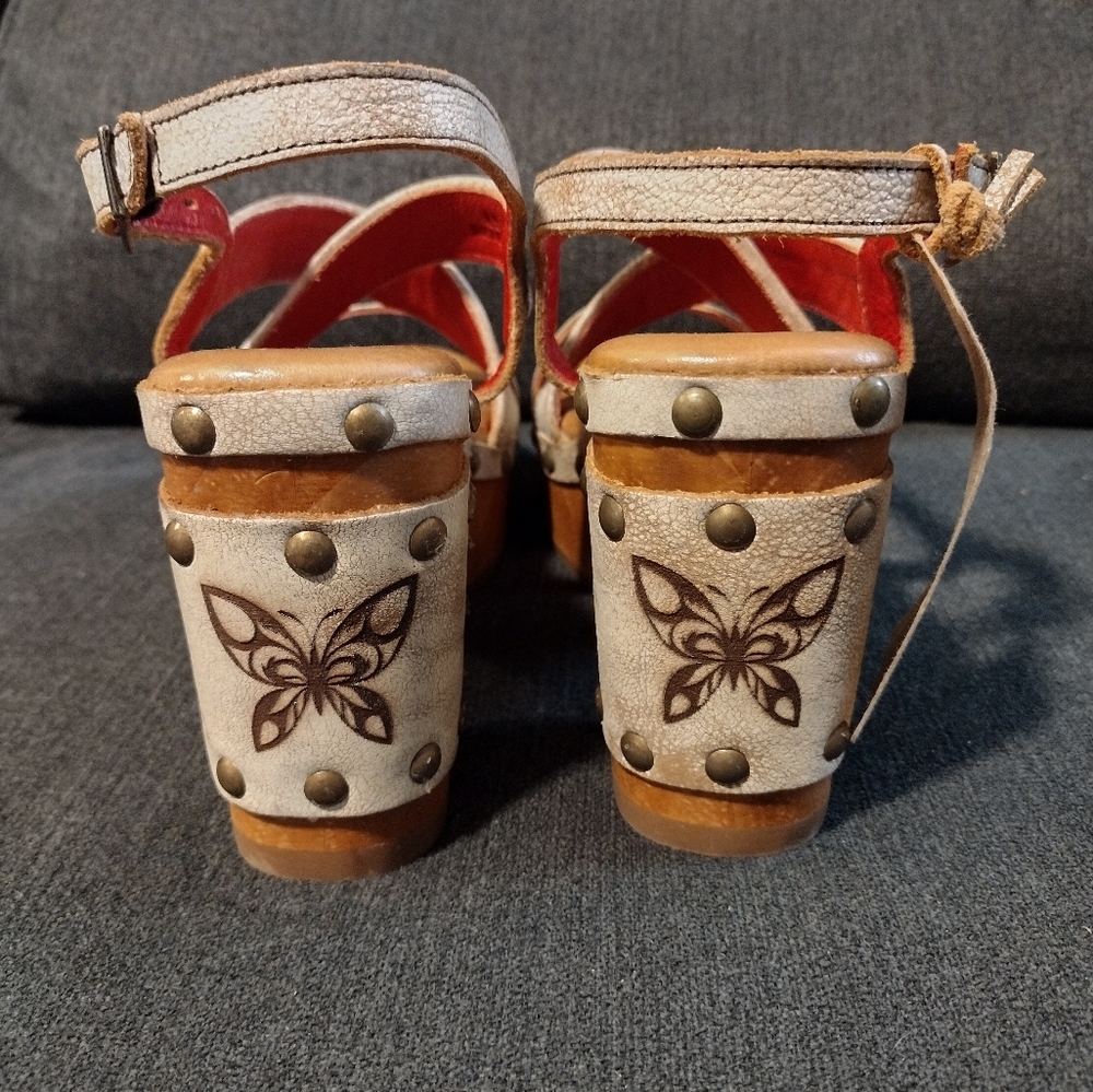 Bed Stu White Tan Leather Platform Sandals with Butterfly Heel Details